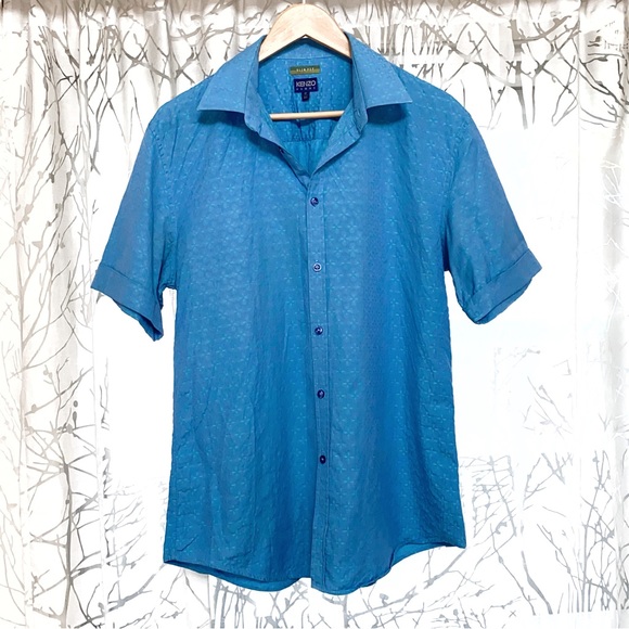 Authentic KENZO HOMME Slim Fit blue print collar button up short sleeve shirt - Picture 11 of 11